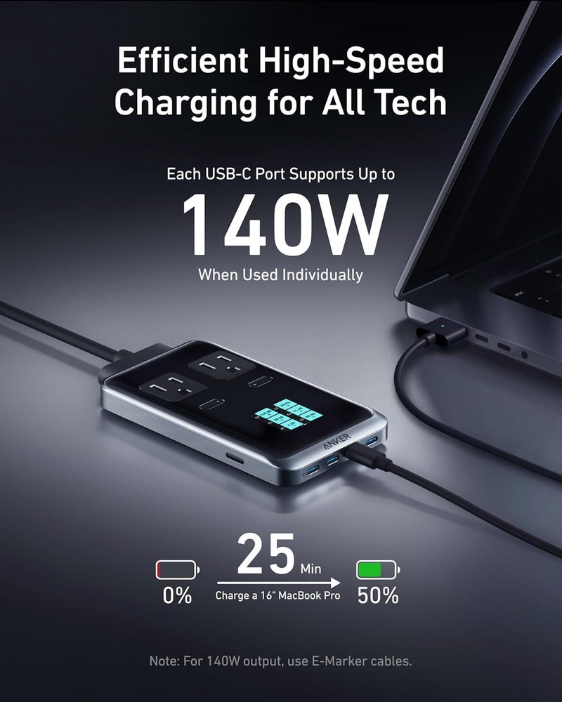 Anker Prime Charging Station, 240W 8-in-1 USB C Power Strip, 5 ft Detachable Extension Cord, 2 AC, 4 USB C, 2 USB A, for iPhone 15/14, Desktop Accessory for MacBook, Home, Office (Not for Travel) - Image 4